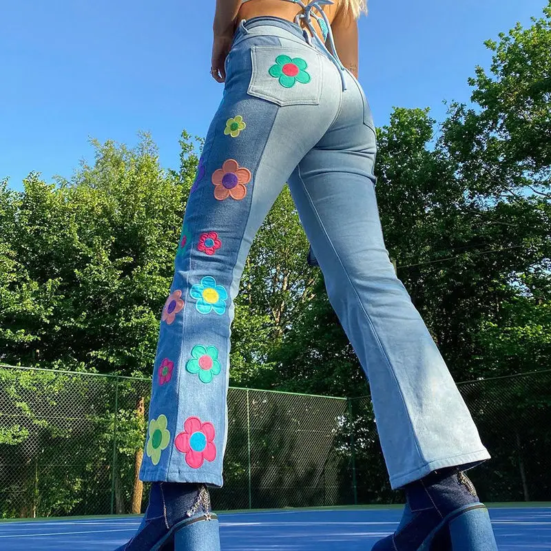 Women Wide Leg Flare Jeans High Waist Floral Embroidery Color Block Loose Denim Pants Soft Fabric Blue Fall Spring Autumn 2022