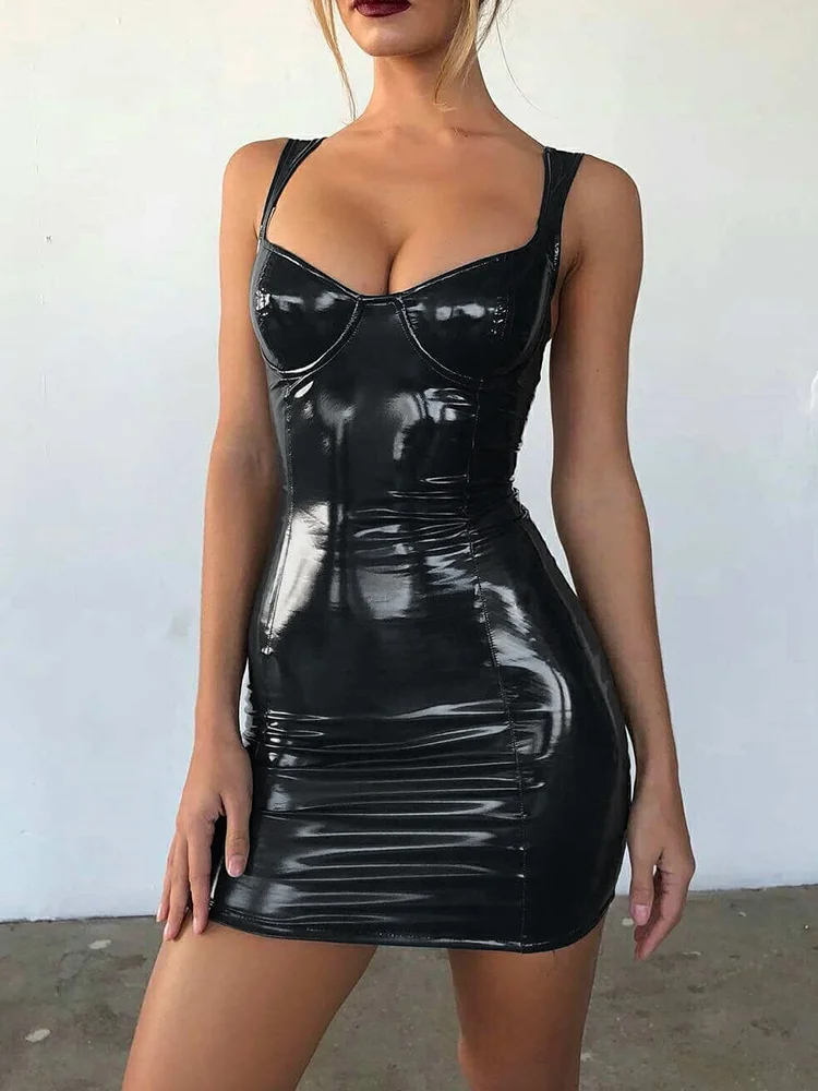 

Skinny Mini Dress Summer 2022 Sexy Latex Faux Leather Shiny Wrap Chest Sling Waist Sleeveless Straps Club Vestido