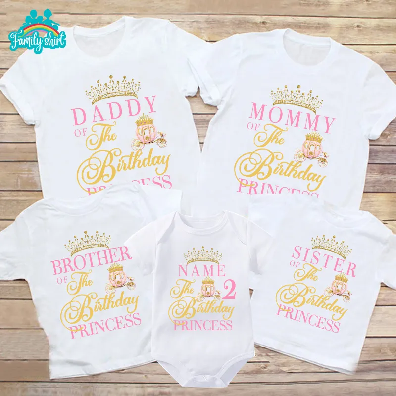

Princesses T Shirt Family Gift Birthday Shirt Carriage Crown Party Custom Name TShirt Girls Children Clothes Daddy Mommy Outfits