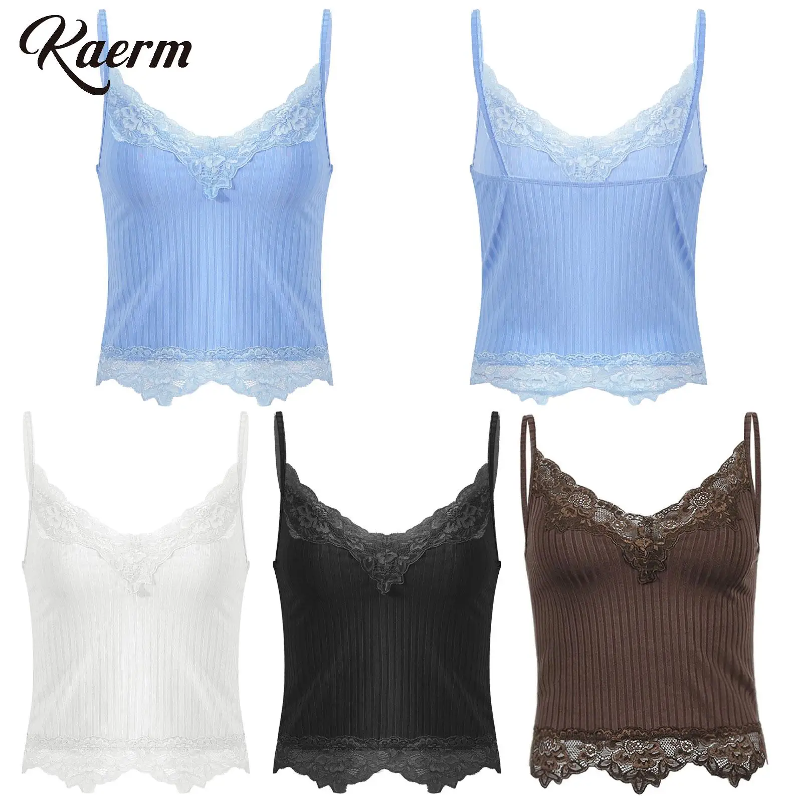 

Women Lace Patchwork V Neck Crop Top Y2K E Girls Clothes Ribbed Knitted Cropped Tees Cami Fairy Grunge Style Tanks Top