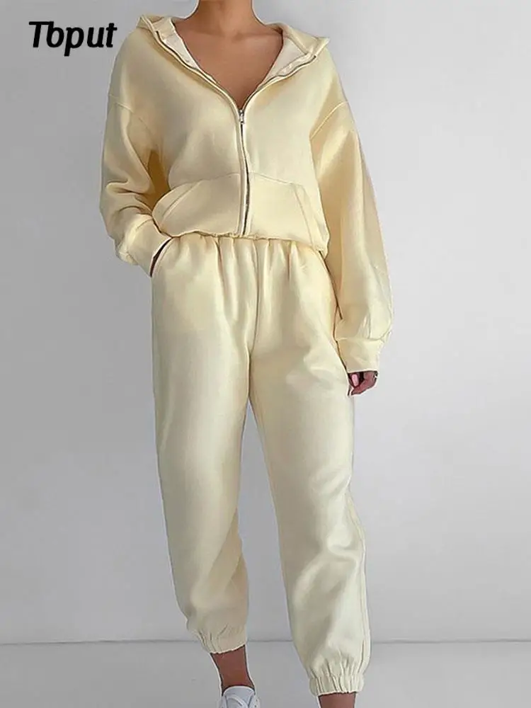 

Women Chic Solid Sport Hooded Sweatshirt Two Piece Set Zipper Hoodie Jacket Pant Set Wide Leg Trouser Suit 2022 Autumn Sportwear