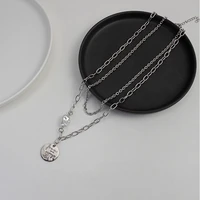 hip hop multi layer stainless steel neck for women portrait engraved coin letter pendant clavicle chain pearl set girl jewelry