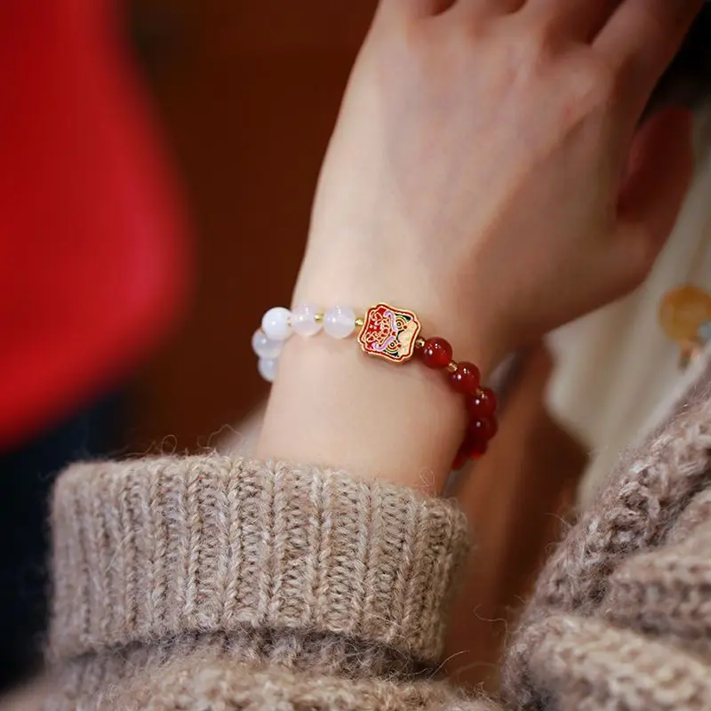 

Women's Bracelet Natural White Red Agate 8mm Hand Bracelets Fengshui Jewelry