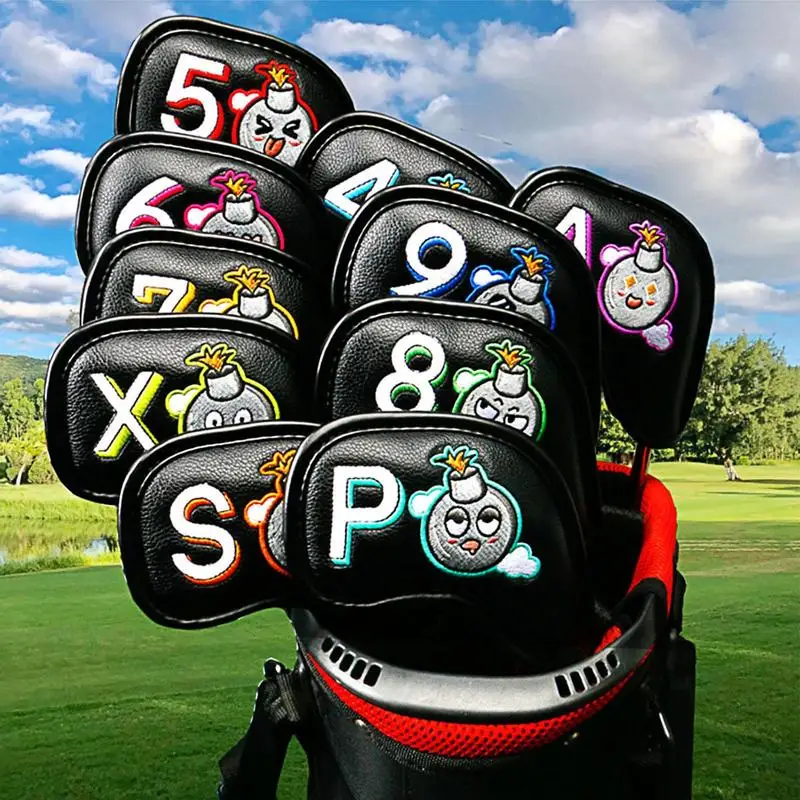 

10Pcs Cartoon Pattern Golf Iron Covers Protective Sleeve Embroidery Golf Club Head Covers PU Leather Waterproof for Golf Clubs