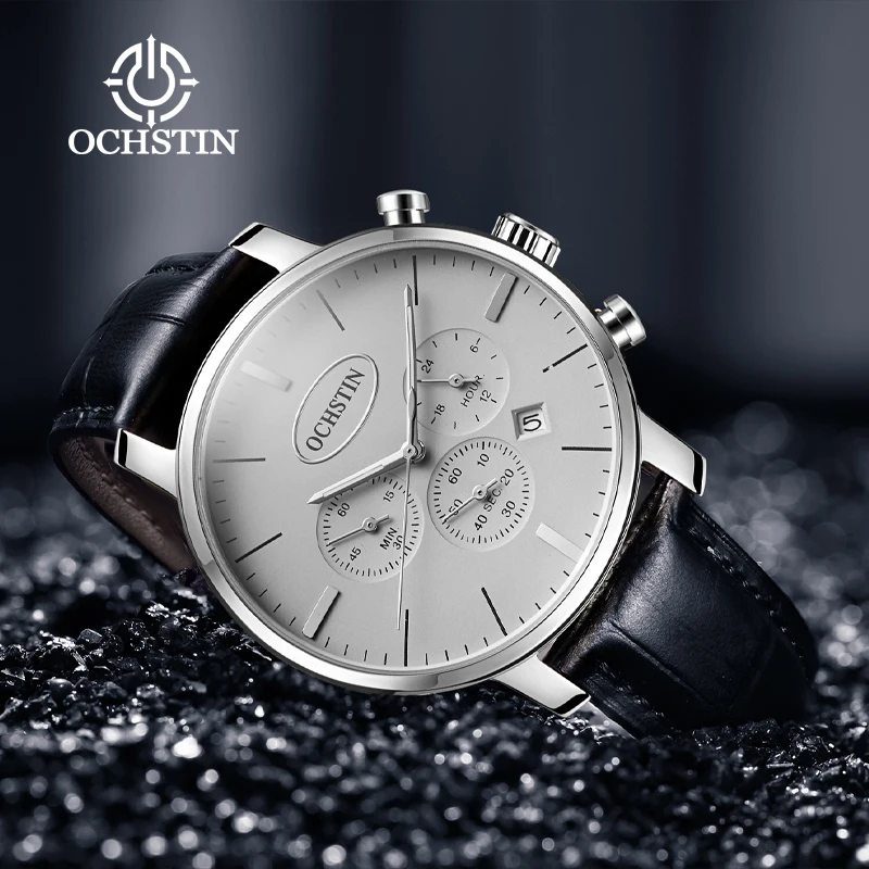 OCHSTIN Luxury‑Simple Man, элегантные повседневные часы с ремешком из натуральной кожи, мужские надежные многофункциональные кварцевые модные наручные часы (art.: 3920da79ddf75) - 3920da79ddf75