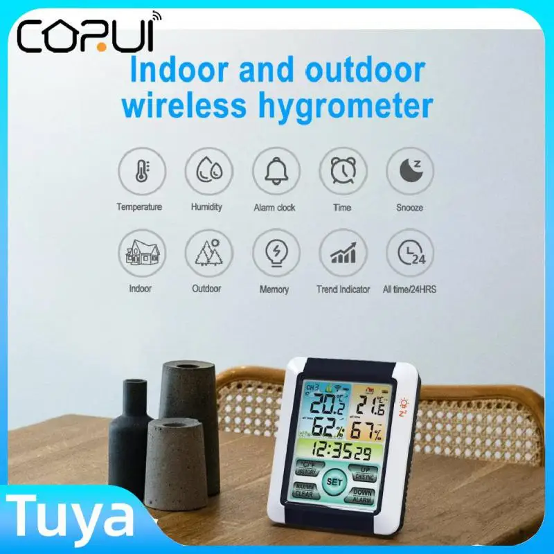 

CORUI Temperature And Humidity Sensor LED Backlight Digital Weather Station Indoor Outdoor Thermometer Hygrometer Monitor Alarm
