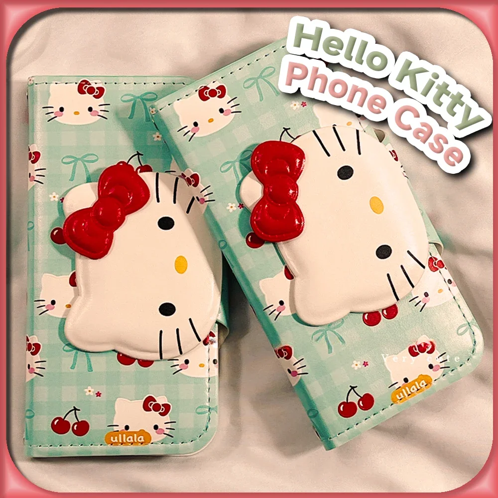 Чехол из искусственной кожи Kawaii Cherry Hello Kitty Filp для IPhone 15 14 13 Pro Max Sanrio милый модный