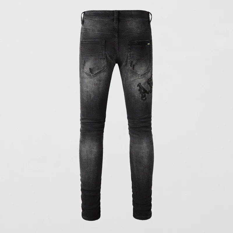 Streetwear Fashion Men Jeans Retro Black Gray Destroyed Slim Fit Hole Ripped Jeans Men Patch Designer Hip Hop Brand Pants Hombre