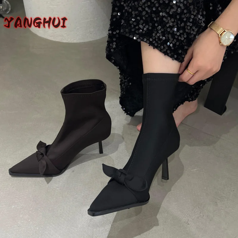 Новые модные темпераментные красивые туфли на высоком каблуке, однотонные короткие сапоги с бантом и острым носком, удобная женская обувь, женские ботинки