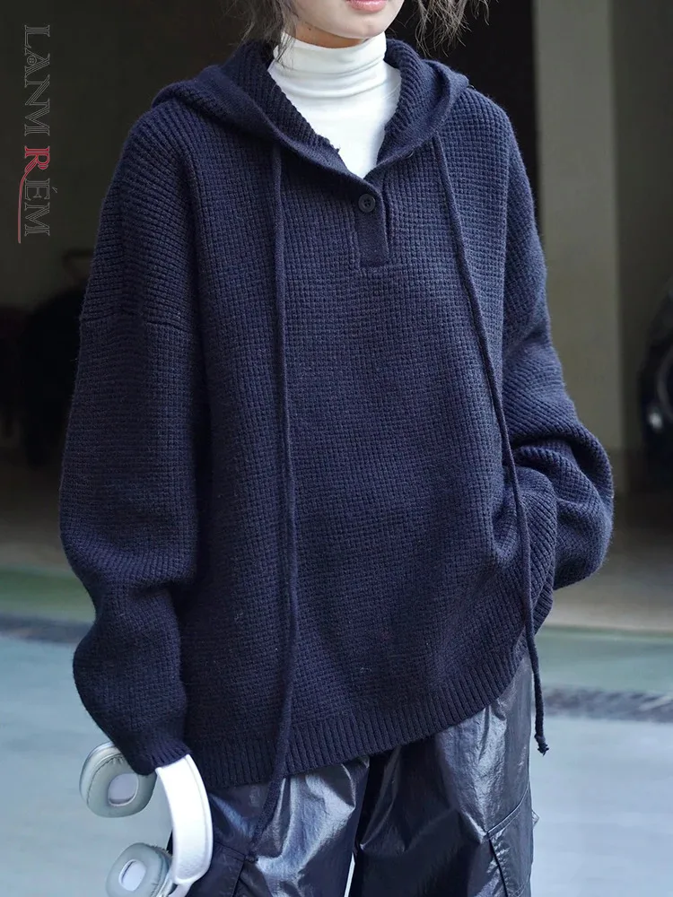 

Вязаный пуловер LANMREM с капюшоном, свитер для женщин, новинка зимы 2023, дизайнерские Теплые Топы с кулиской, повседневная женская одежда 26D7263