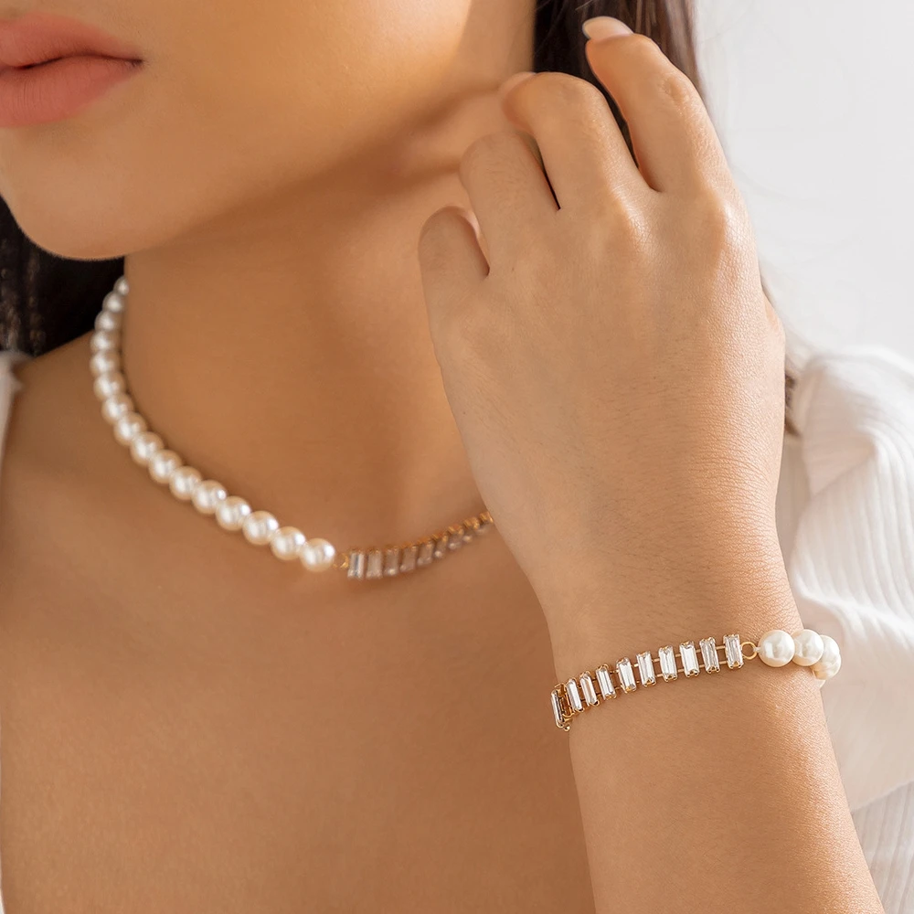 

Ailodo Fashion Pearl Jewelry Set For Women Elegant Imitation Pearl Crystal Chain Necklace Bracelet Jewelry Set Girls Gift 2022