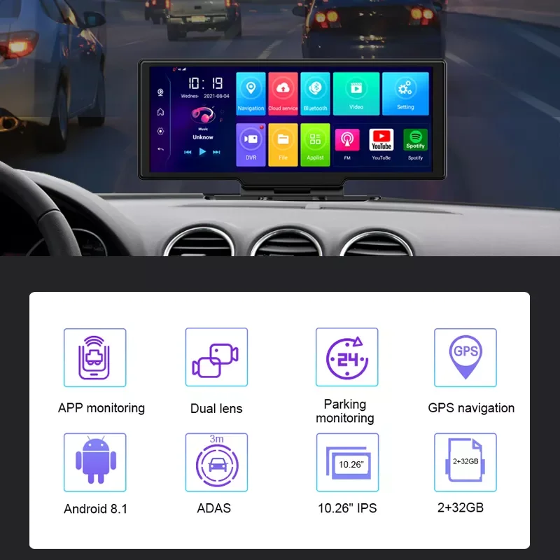 

Автомобильный видеорегистратор 10,26 дюйма, 4G, GPS-навигация, приборная панель, 1080P FHD, видеорегистратор с зеркалом заднего вида, двойная камера ...