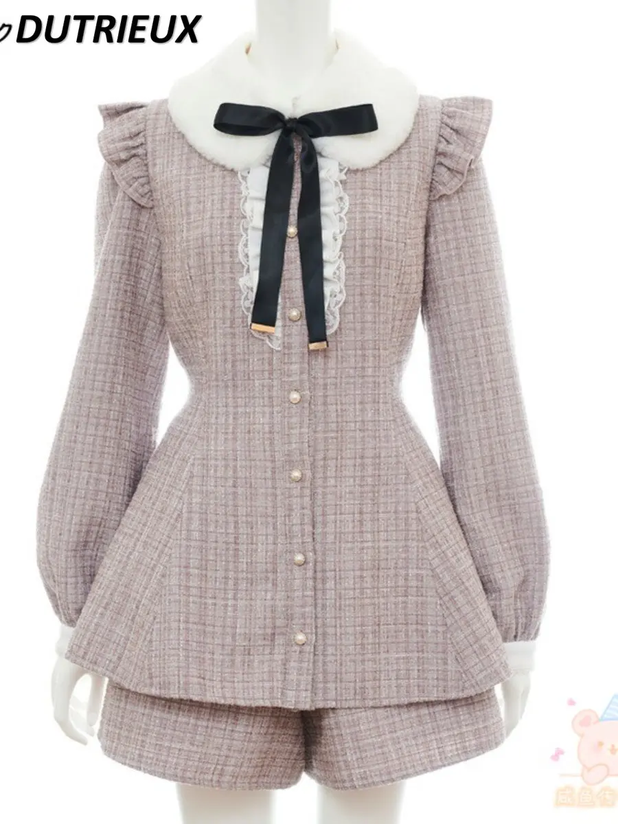 

Lolita Japanese Sweet Bow Ruffled Detachable Fur Collar Long Sleeve Dress Suit Women Spring New High Waist Shorts Two-Piece Sets