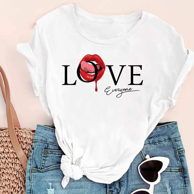 

Женская футболка с круглым вырезом, Повседневная Базовая белая рубашка с коротким рукавом, с цветочным принтом, с принтом, День святого Вале...