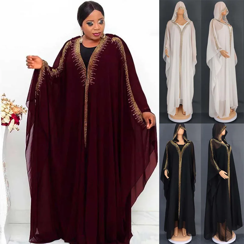 

Eid Hooded Abaya Women Muslim African Loose Dashiki Dress Diamonds Kaftan Turkey Arab Bat Sleeve Boubou Gowns Morocco Party Robe