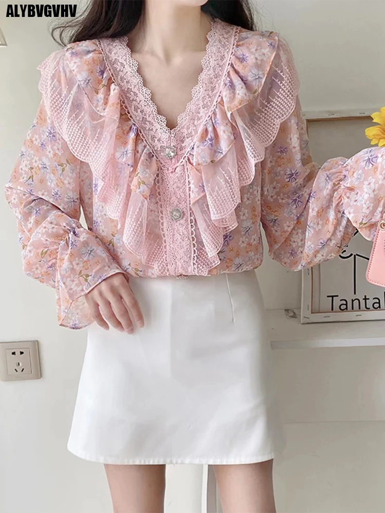 

Шифоновая женская рубашка с рукавом в виде листьев лотоса, женские блузки с милым цветочным принтом, лето 2022, модные шикарные топы с оборкам...