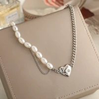 trend vintage ol style pearl metal splicing necklace heart pendant for women fashion clavicle chain jewelry design on the neck