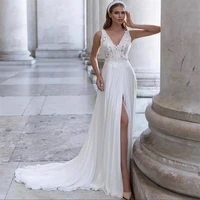 queen sexy side slit wedding dresses 2022 a line v neck lace with appliques no buttons sweep bridal gowns custom made for women