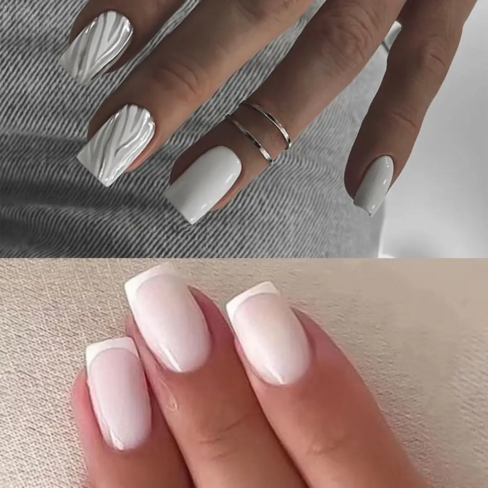 

24pcs Nail Tips Manicure DIY Fake Nials Silver Flame False Nails French White Edge Short Square
