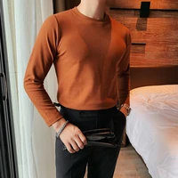 spring and autumn mens slim double cashmere plain european and american simple round collar bottom mens long sleeve t shirt