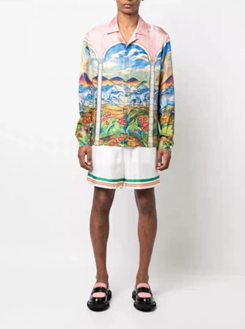 

2023ss Silk Casablanca Shirt Men Women 1:1 Top Quality Colorful Horse Swarm Pattern Hawaii Beach Shirts Hippie Clothes