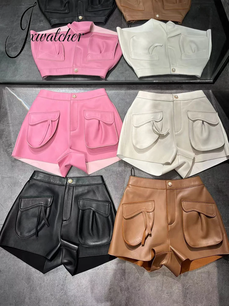 Jxwatcher 2022 New Arrival Women's Shorts Vintage Versatile Casual Ladies Genuine Leather Shorts Solid Color Female