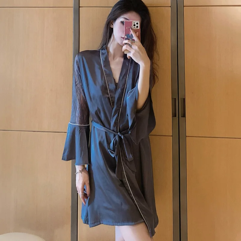 

Gray Female Satin Twinset Robe Set Sexy Patchwork Lace Sleepwear Bathrobe Gown Suspender Nightdress Loose Velour Home Clothes