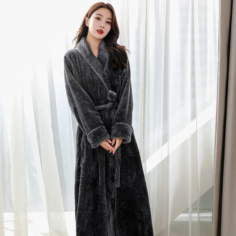 Women's Winter Thick Bathrobe Fleece Turn Down Collar Ladies Fluffy Dressing Gown Solid Long Sleeve Kimono With Sashes Female