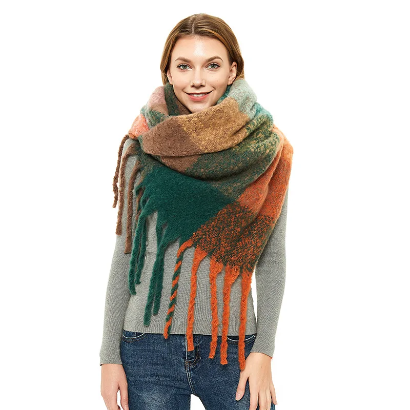 

Autumn Winter Women Cashmere Scarf Colorful Large Plaid Weave Outdoor Wedding Shawl Long Tassel Student Bufanda Fashion Kerchief