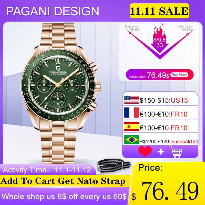 Купить PAGANI дизайнерские новые V3 мужские часы с хронографом Роскошные Кварцевые часы для мужчин VK63 спортивные стильные водонепроницаемые часы из н...