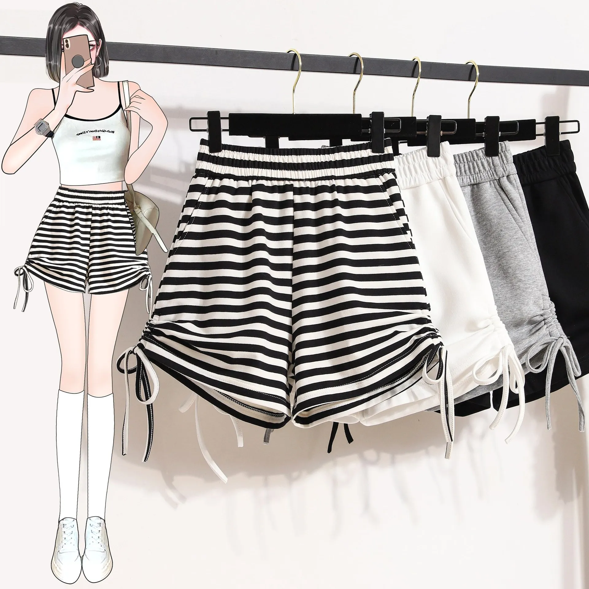 High Waist Hot Shorts Women For Summer Side Ruched Drawstring Lady Fashion Short Pants Stretch Slim Fit Casual Wear Bottom S-2XL