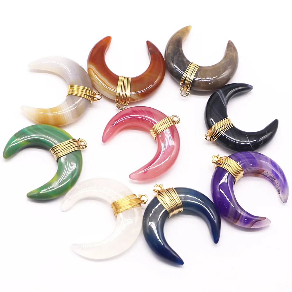 

Natural Stone Chakra Bull Horn Crescent Moon Pendant Necklace Reiki Healing Charm Fashion DIY Jewelry Accessories Wholesale 4Pcs