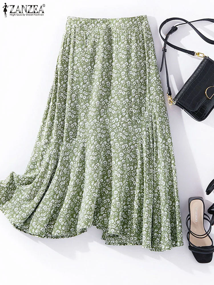 

ZANZEA 2023 Women Summer Elastic Waist Faldas Saias Jupe Bohemian Skirts Holiday Beach Midi Skirt Casual Floral Printed Bottoms