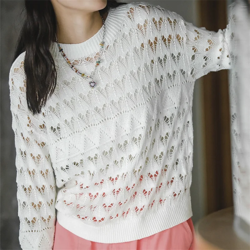 

Maden Women's Openwork Sweater Hollow Out Long Sleeve Knit Pullovers Bikini Beach See Through Cover Ups Loose White Crop Tops