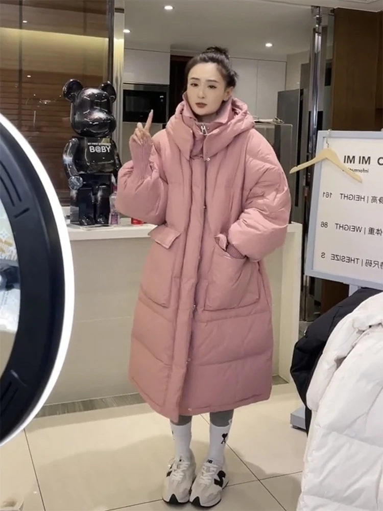 

2022 Autumn Winter Korean Style Long Hooded Down Jackets Women White Duck Down Warm Thick Coats Fluffy Loose Outerwear E71