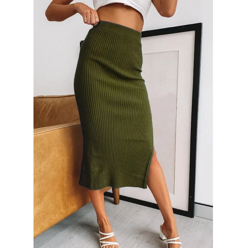 

Knitted Split Women Solid Elastic Waist Autumn Winter 2022 Mid-Calf Feamle Skirts Outwear Bodycon Skirts Green Elegant G2044