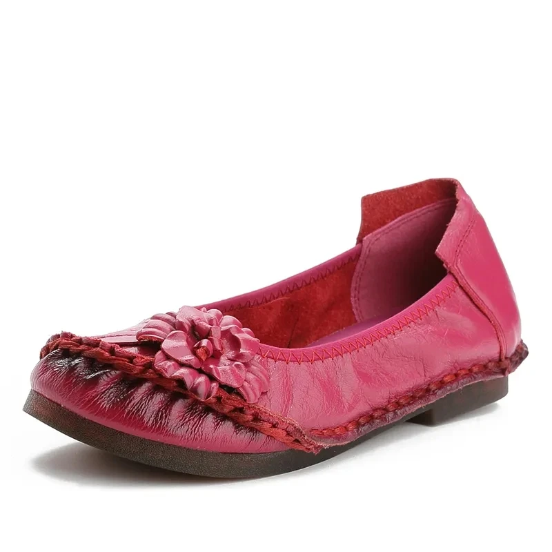 Genuine Leather Summer Shoes Woman Casual Breathable Flats Ladies Ethnic Style Floral Shoes Plus Size 42 Mom Shallow Loafers