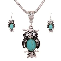 european and american style turquoise hook earirngs necklace set retro style owl alloy pendent necklace jewelry