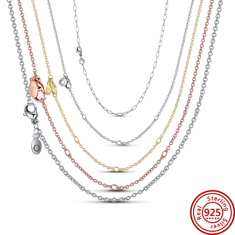100% 925 Silver Basic Chain Water Ripple Chain Link Chain Necklace Fit Original Brand Charm Beads For Women DIY Jewelry Gift