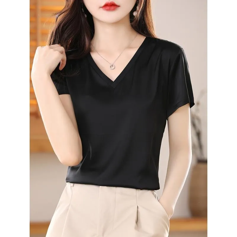 

Women Solid T-shirt Silk Plain V-neck Short Sleeve Tee Summer Candy Colors Basic Cozy Top SQ4540