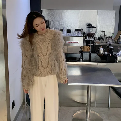 

genuine Luxury brand 2023 Real Autumn Winter New Fashion O-Neck Pullover Sweater Women Natural Raccoon Woven Fur Streetwear