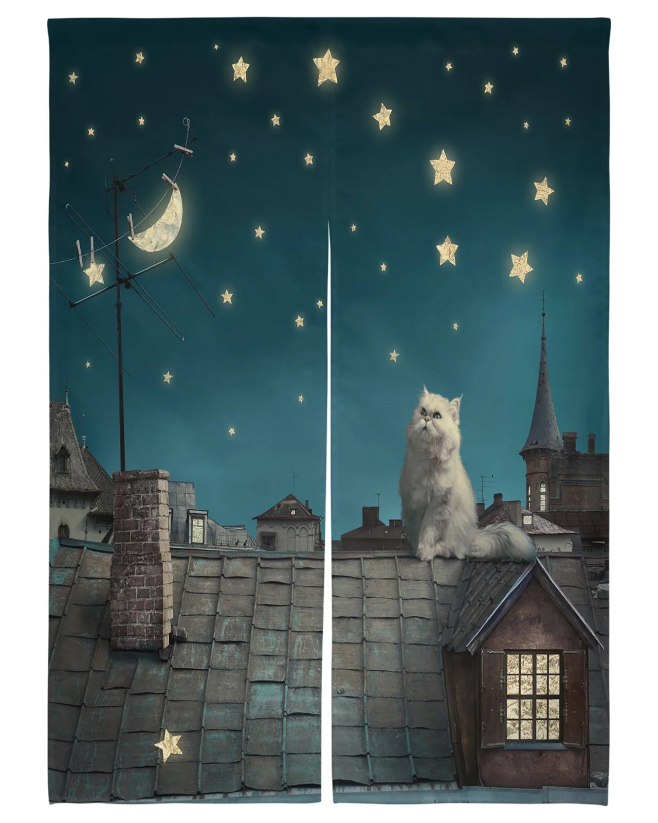 

Cat Roof Kitten Night Moon Stars Japanese Door Curtain Restaurant Kitchen Entrance Partition Curtains Customed Half-Curtain