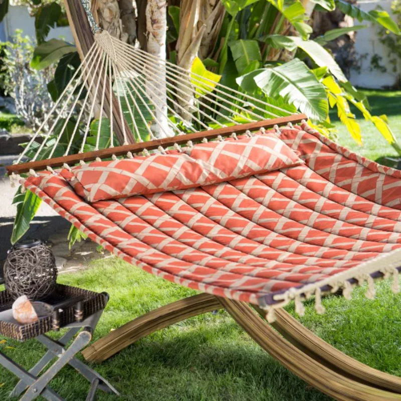 

Coral Coast Tuscan Lattice Quilted Hammock Color, Sienna, Taupe, Orange Color, Product Assembled Size 13 ft L x 4.5 ft W, swing