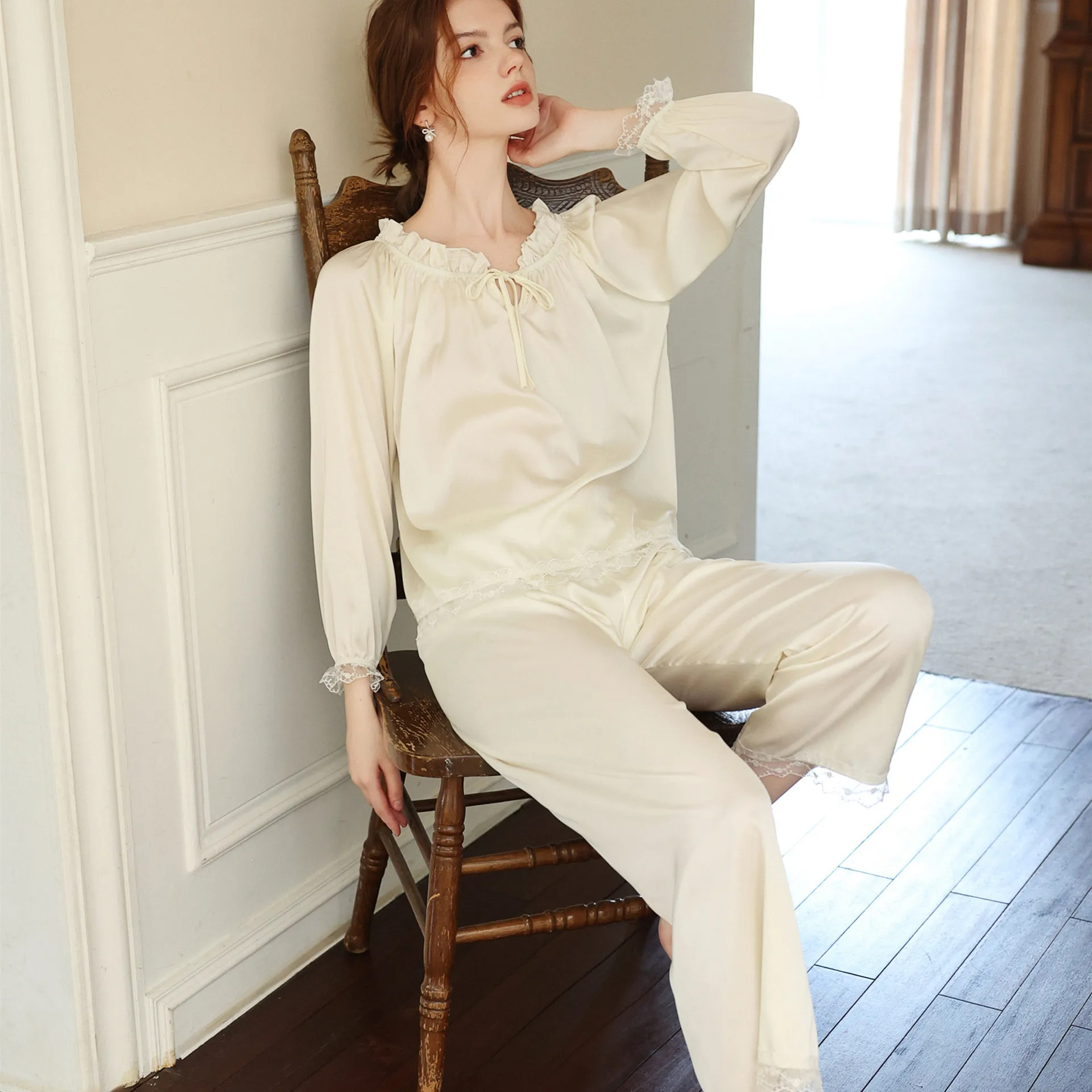 New ice silk pajamas women's chiffon satin suit sweet candy color two piece set summer  women pajamas