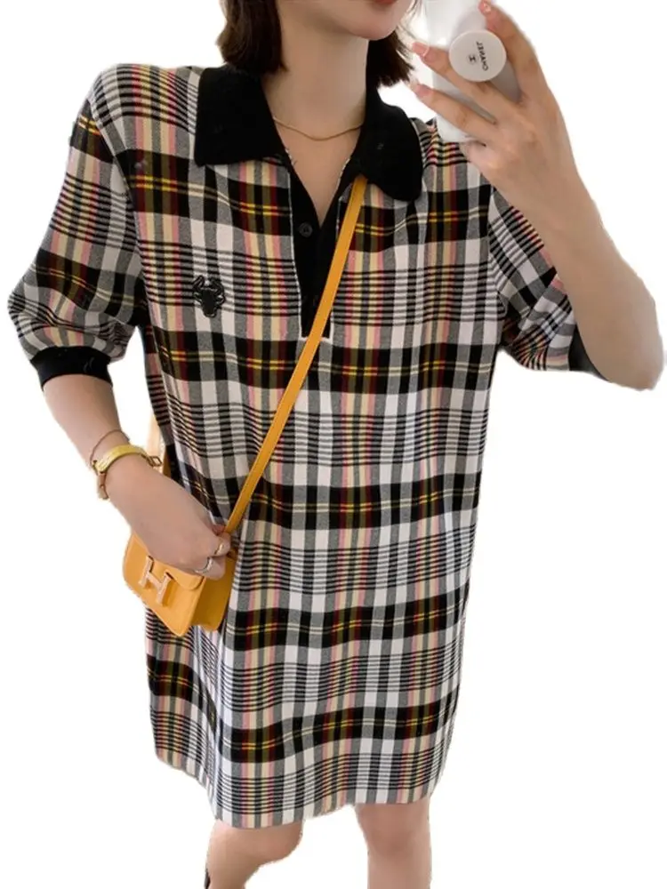 

Трикотажное платье в стиле ретро, Новинка лета 2022, платье в клетку с подходящей расцветкой и коротким рукавом, модная женская одежда