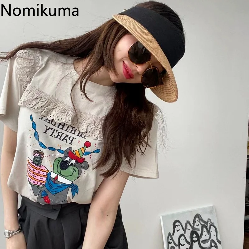 

Nomikuma Camisetas De Mujer летние кружевные лоскутные с мультяшным принтом свободные Blusa Feminina корейские Ретро повседневные модные футболки Femme