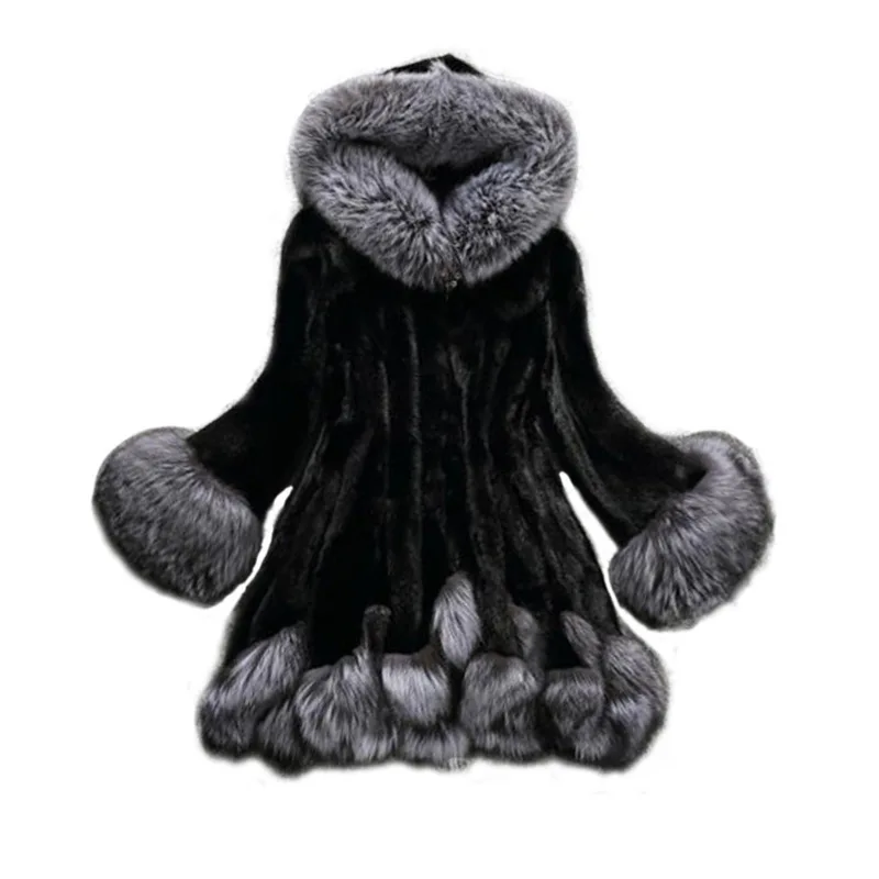 Faux Fur Women's Coat New Style Faux Whole Faux Mink Medium Long Hooded Faux Mink Hair Man Hair Faux Fur Women's Coat