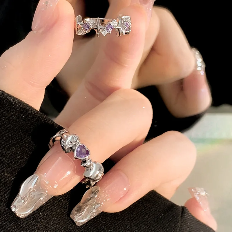 

Kpop Heart Shiny Purple Ring for Women Y2k Crystal Love Lovely Luxury Open Ring Versatile Star Sweet Ring Party Jewelry Gift