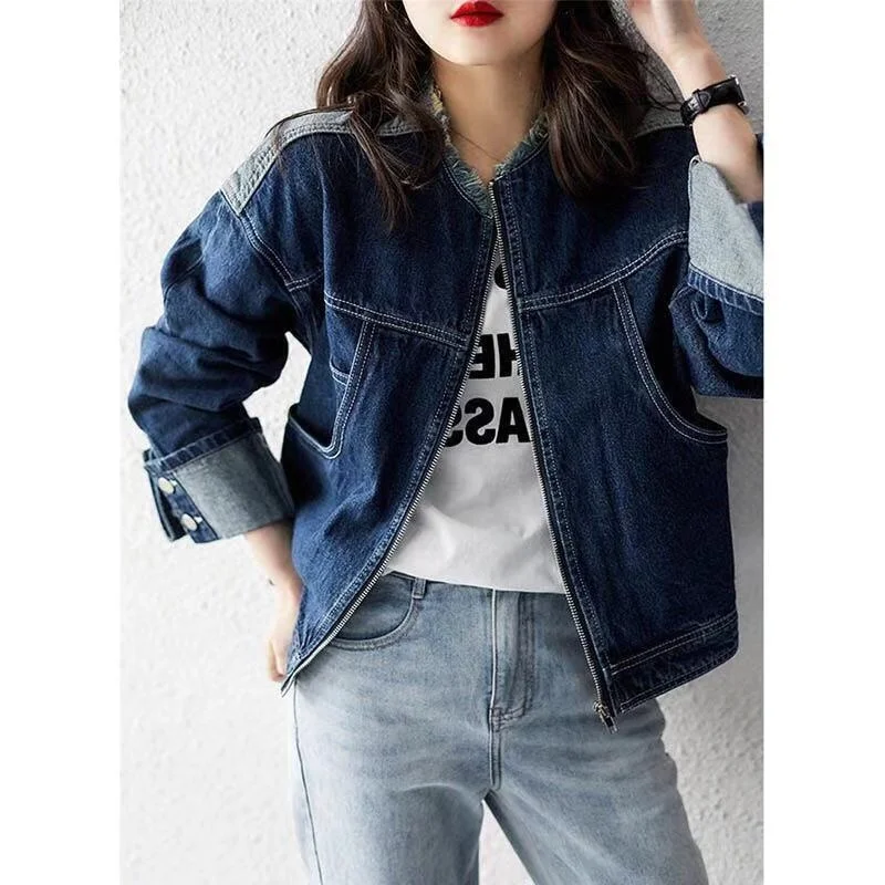 

Винтажная женская джинсовая куртка, Корейская повседневная темно-синяя короткая верхняя одежда в стиле пэчворк с бахромой, женская джинсовая куртка на весну и осень, одежда