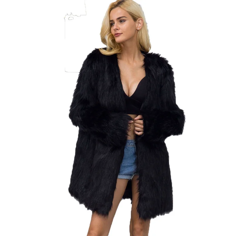 Fashion V-neck Faux Fur Like Women's Coat Medium Long Fur Like Wool Coat Autumn Winter 2022